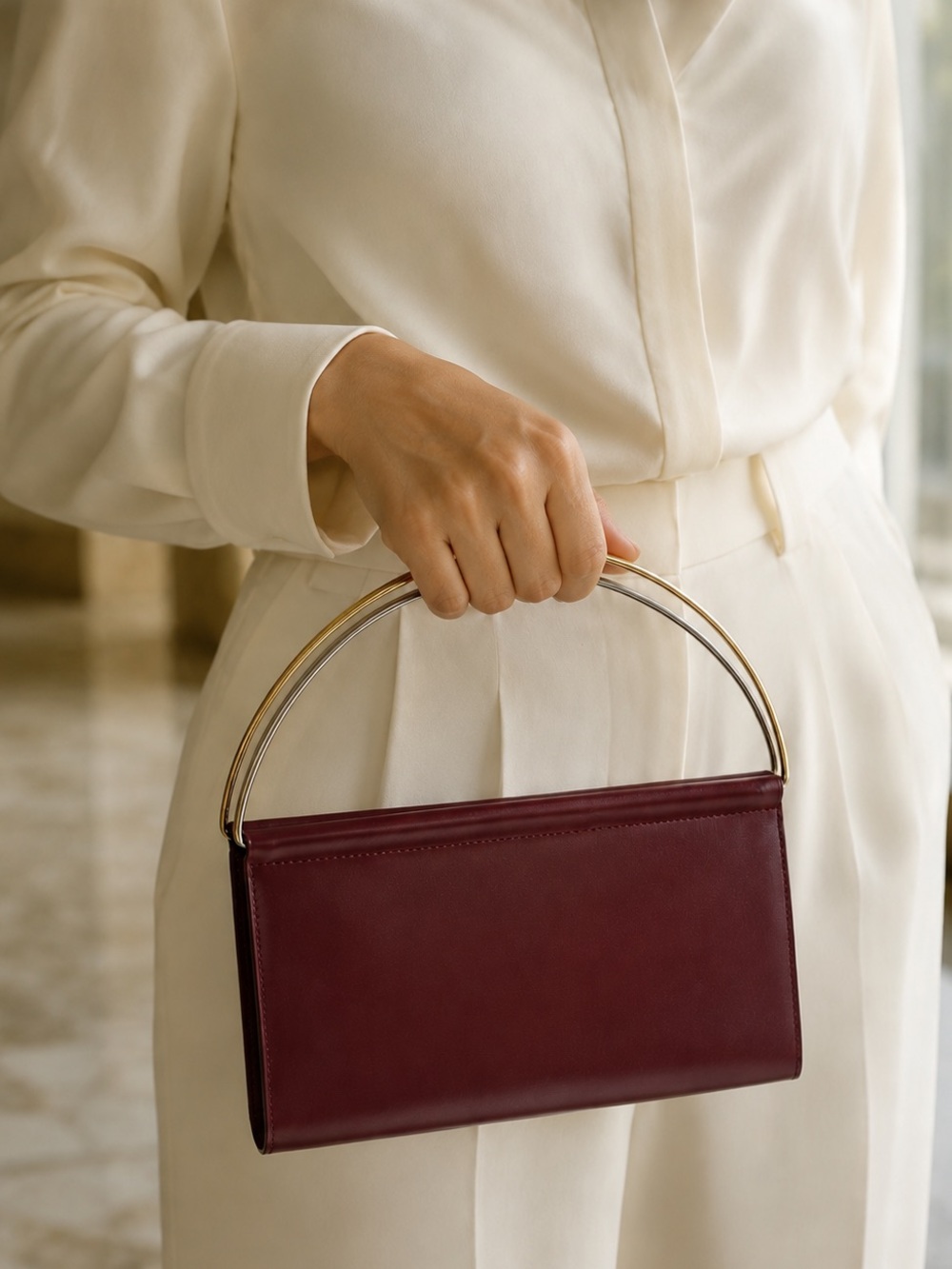 NEW Cartier TRINITY Burgundy Leather Top-Handle Bag Gold & Silver Hardware - Picture 4 of 14